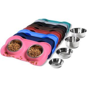 Pet Dog Bowls 2 Stainless Steel Dog Bowl Water and Food Feeder PINK